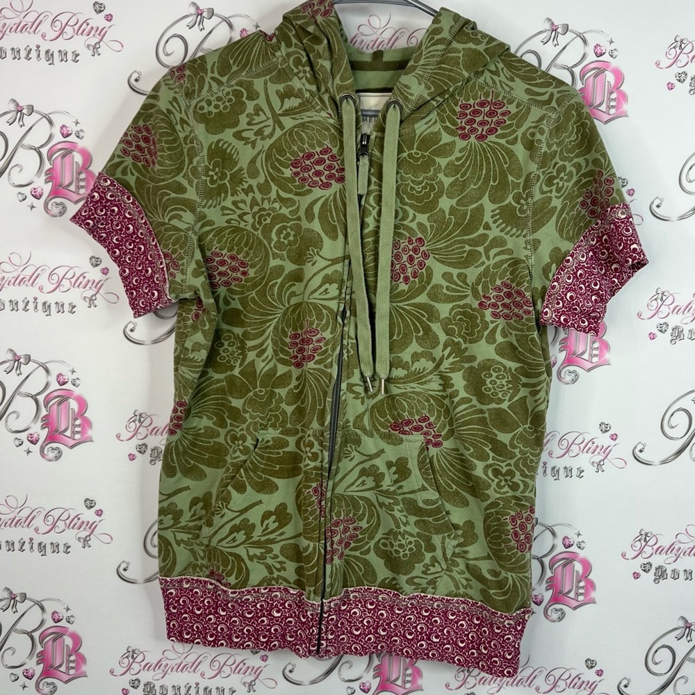 Merona sweater tshirt zip up Green pink purple flowers paisley floral shirt